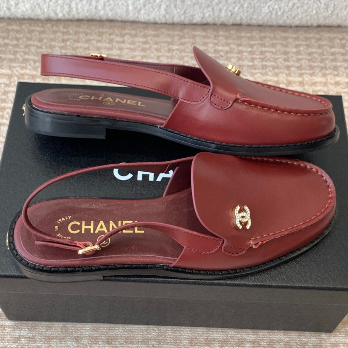 Chanel Moccasin Slingback in Currant Red Calfskin