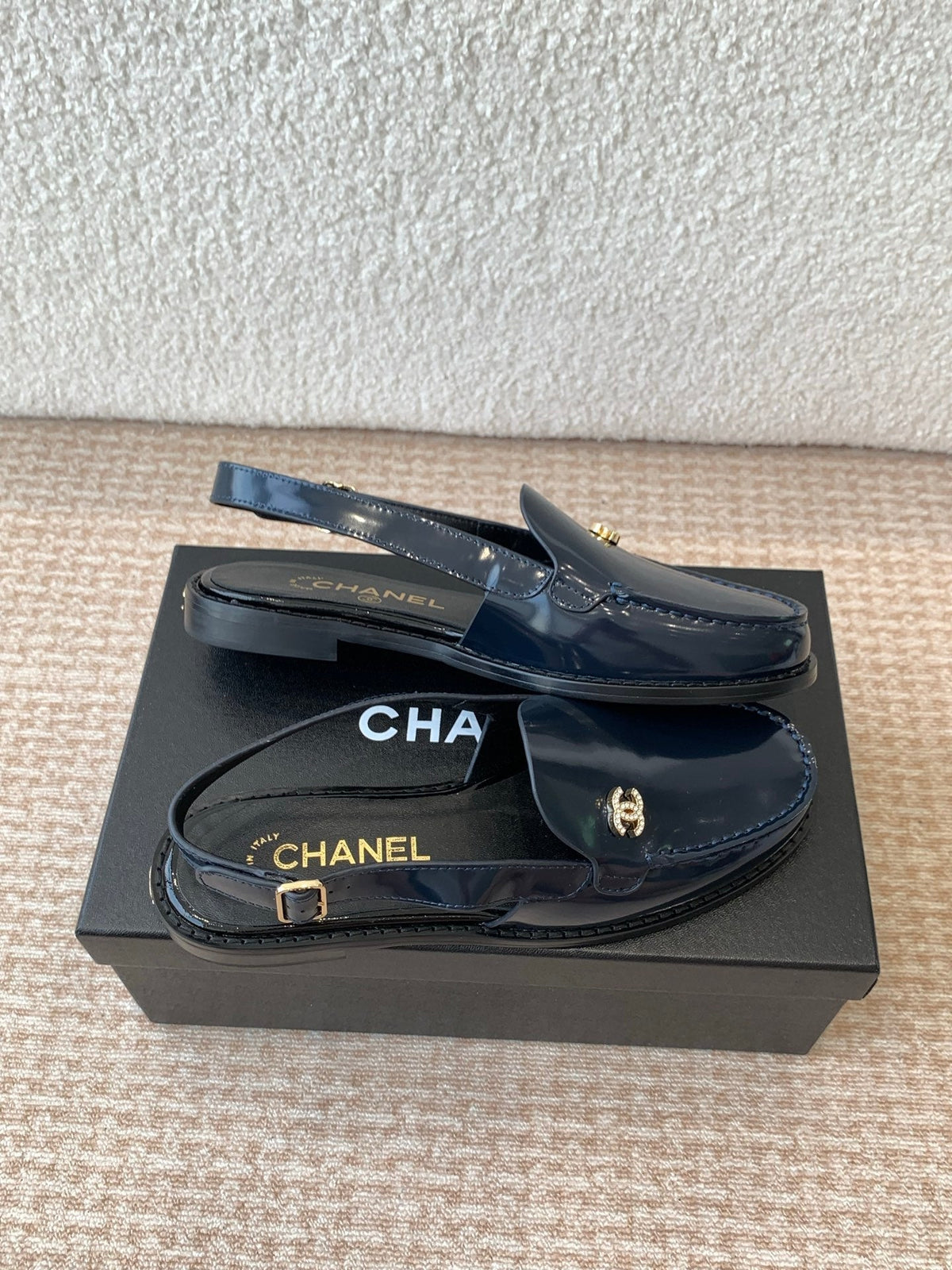 Chanel Moccasin Slingback in Aegean Blue Patent Calfskin