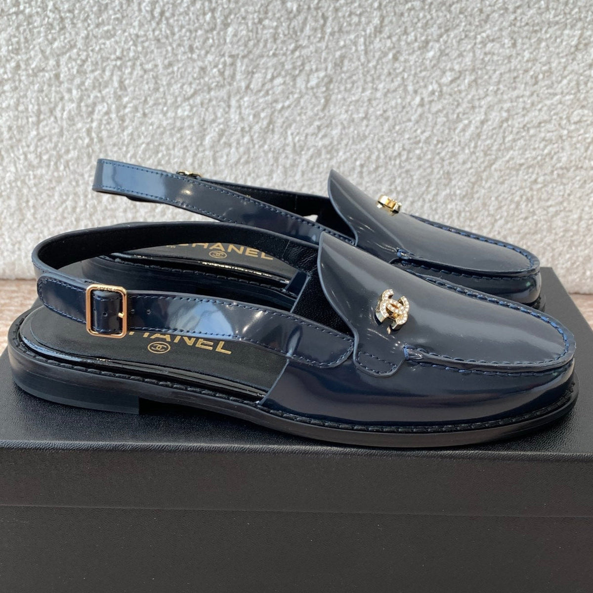 Chanel Moccasin Slingback in Aegean Blue Patent Calfskin