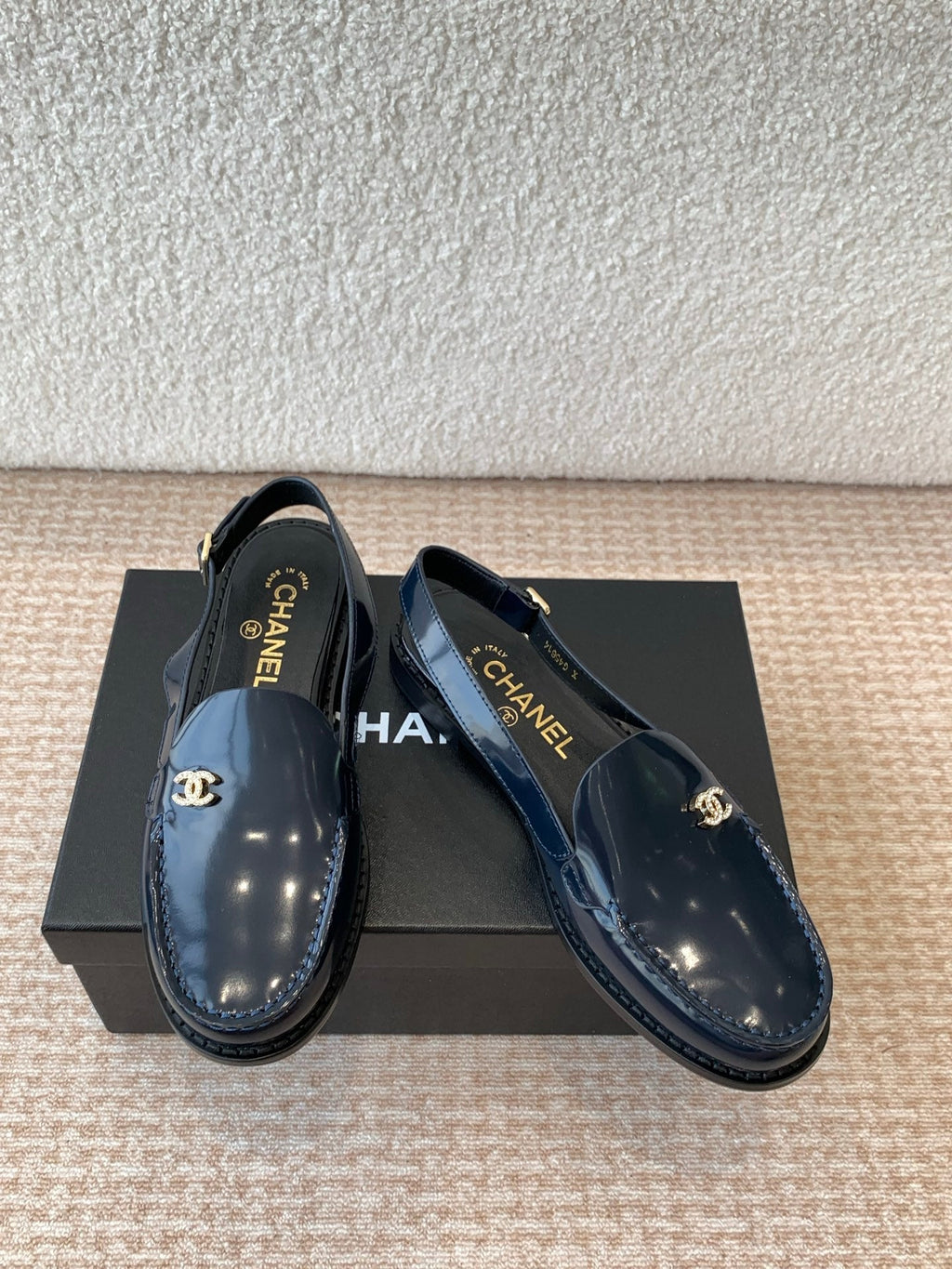 Chanel Moccasin Slingback in Aegean Blue Patent Calfskin