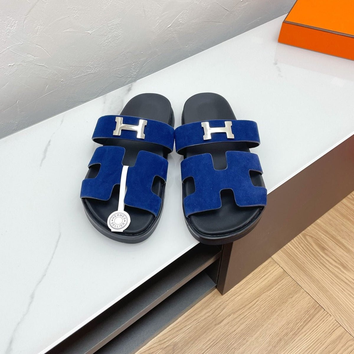Hermes Chypre Sandal Azure Suede with H Buckle