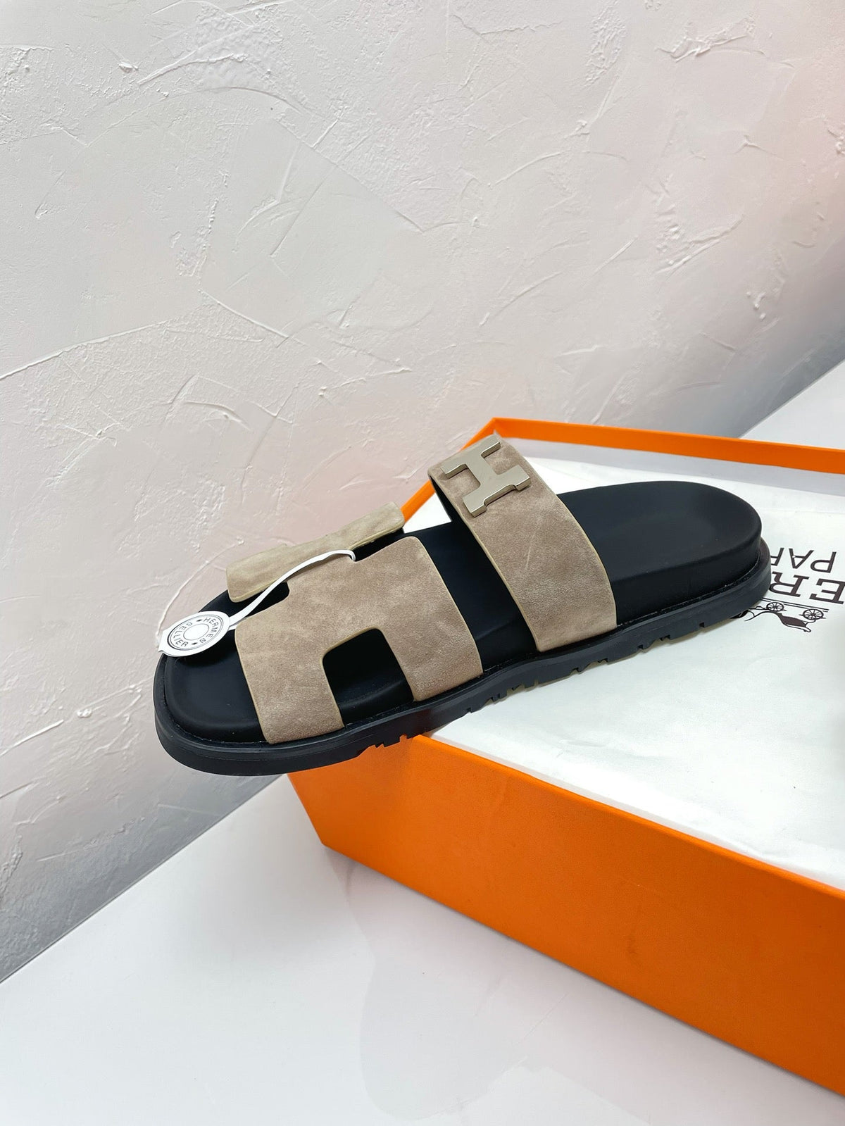 Hermes Chypre Sandal Light Gray Suede with H Buckle