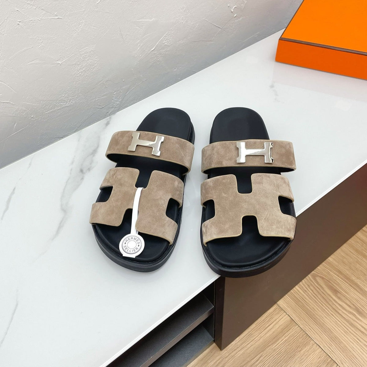 Hermes Chypre Sandal Light Gray Suede with H Buckle