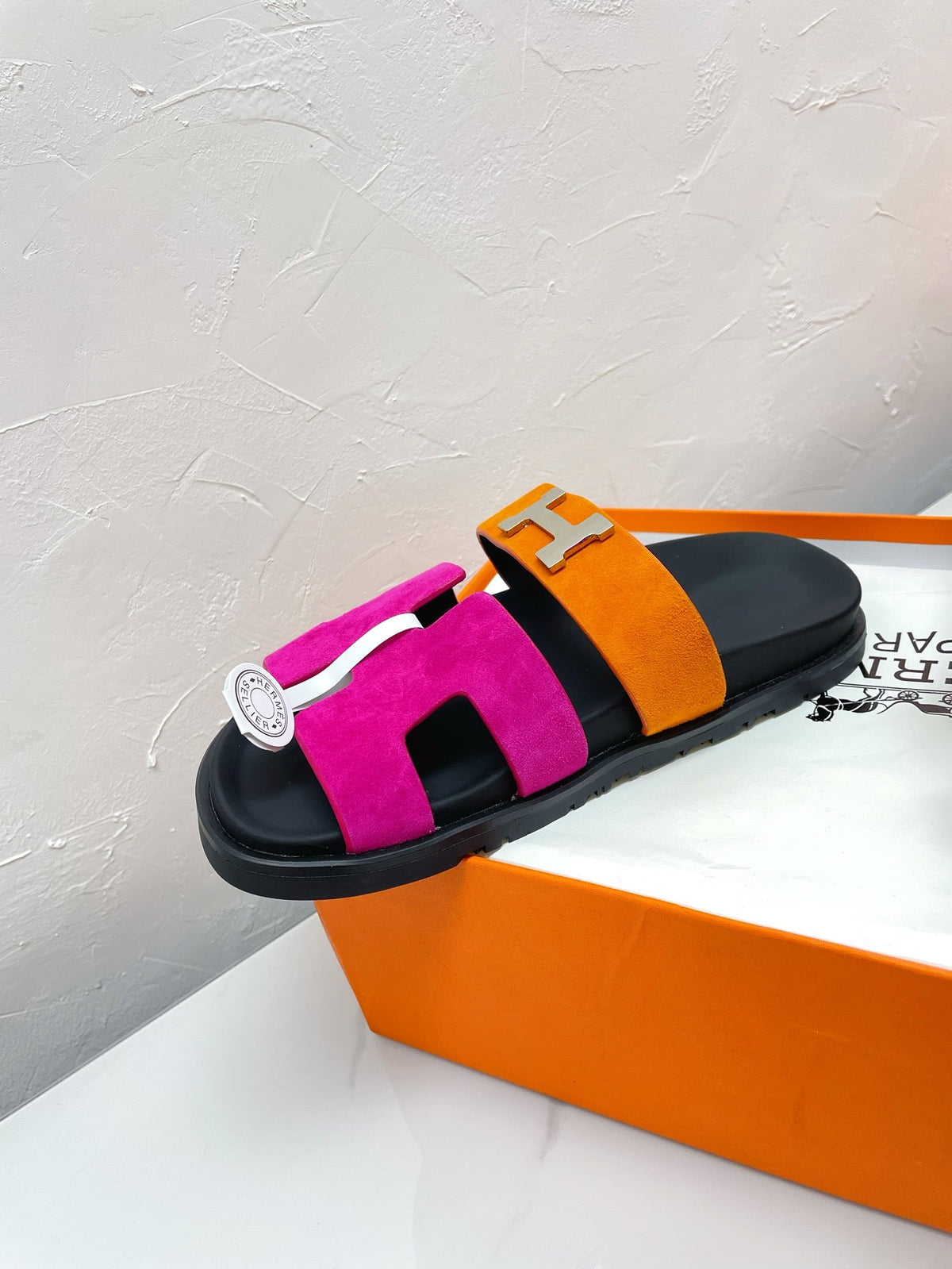 Hermes Chypre Sandal Deep Pink Mix Orange Suede with H Buckle