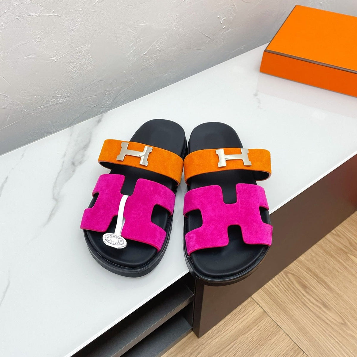 Hermes Chypre Sandal Deep Pink Mix Orange Suede with H Buckle
