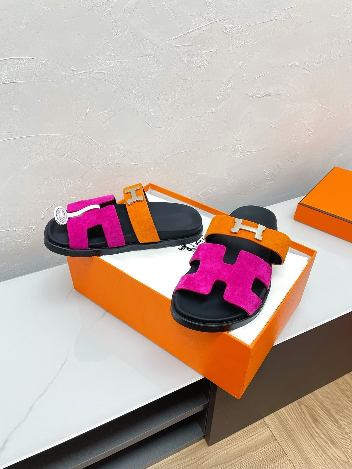 Hermes Chypre Sandal Deep Pink Mix Orange Suede with H Buckle