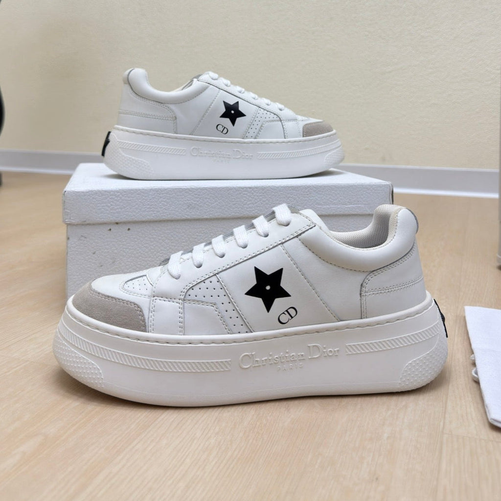 Dior Black Star Platform Sneaker in White Calfskin and Suede