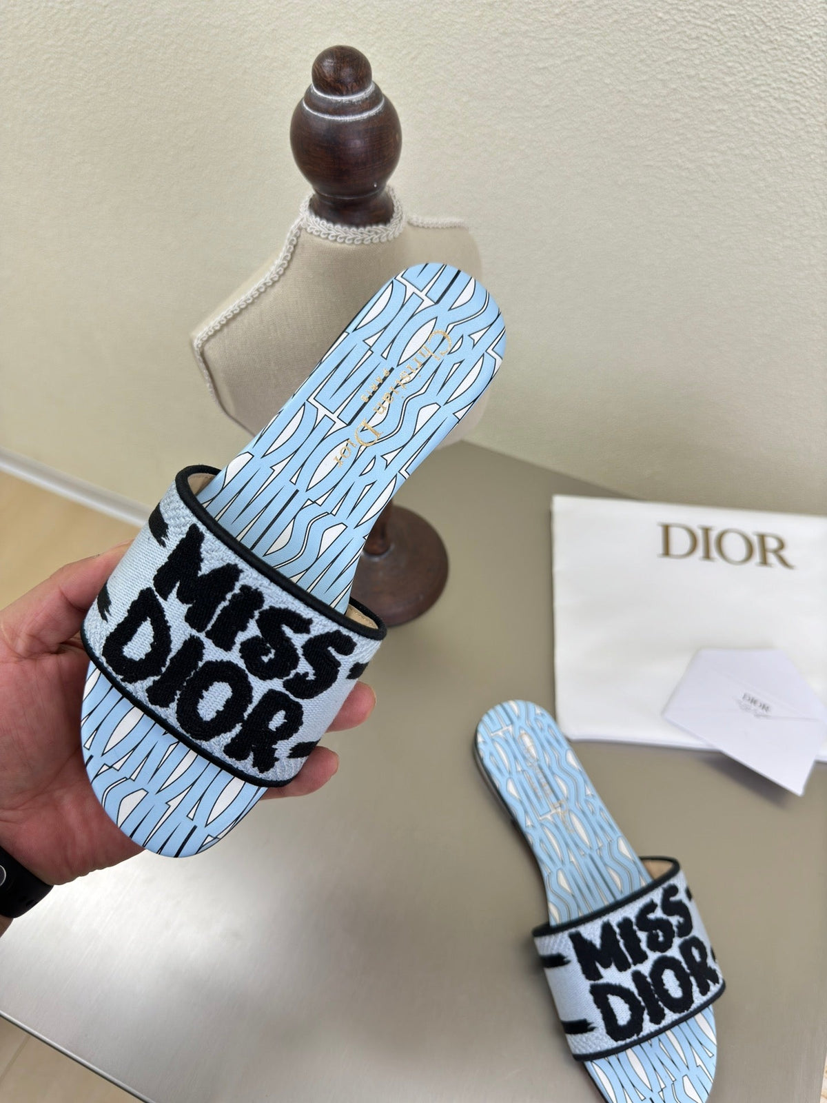 Dior Dway Slide Embroidered Cotton and Powder Blue Miss Allover Motif