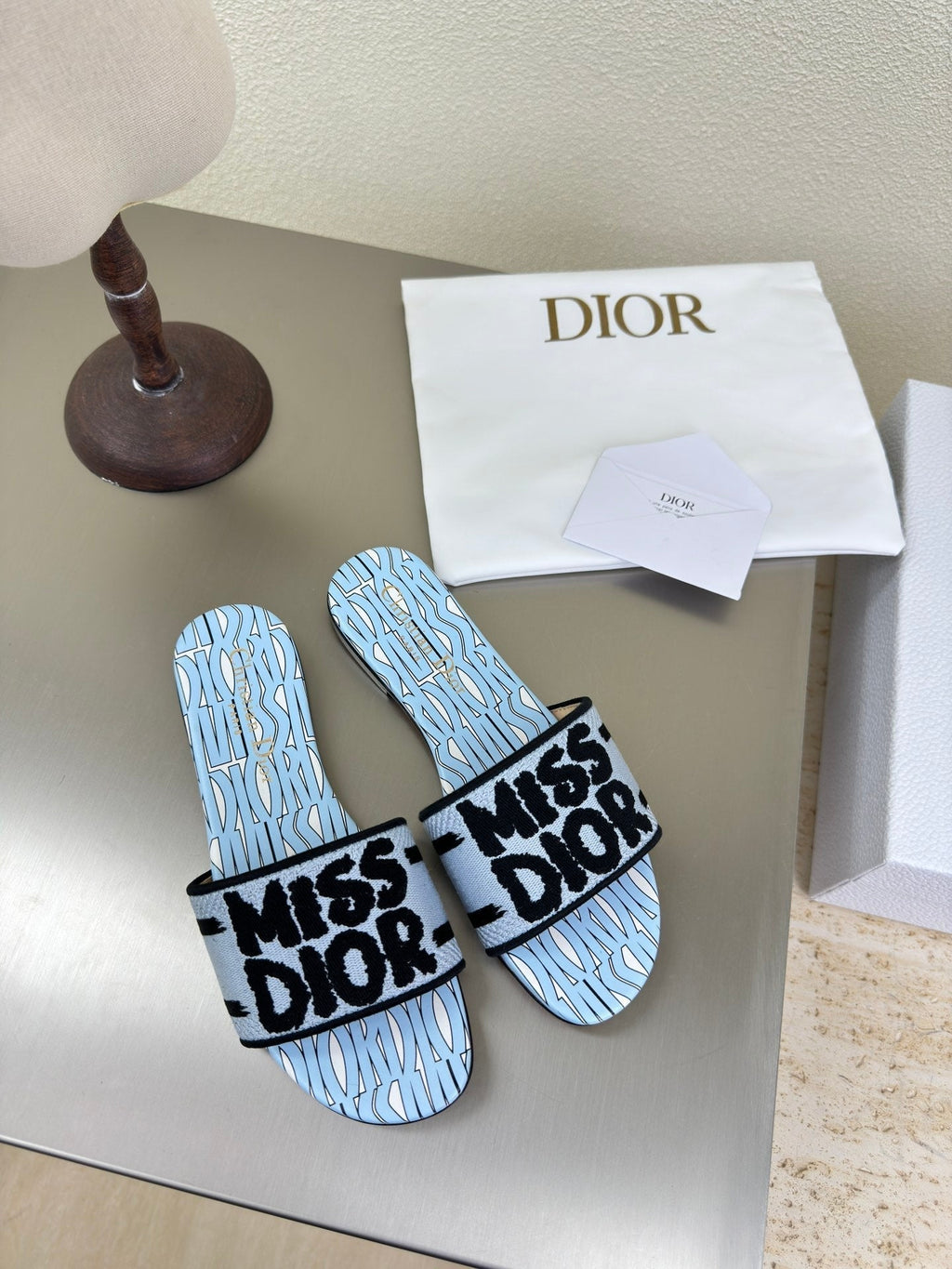 Dior Dway Slide Embroidered Cotton and Powder Blue Miss Allover Motif