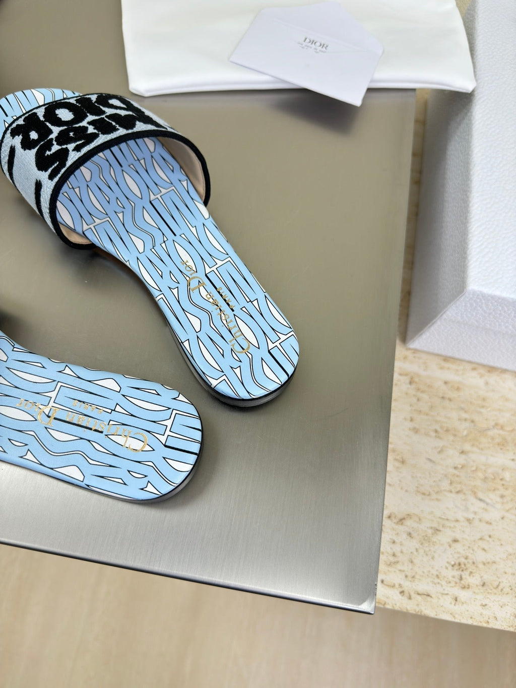 Dior Dway Slide Embroidered Cotton and Powder Blue Miss Allover Motif