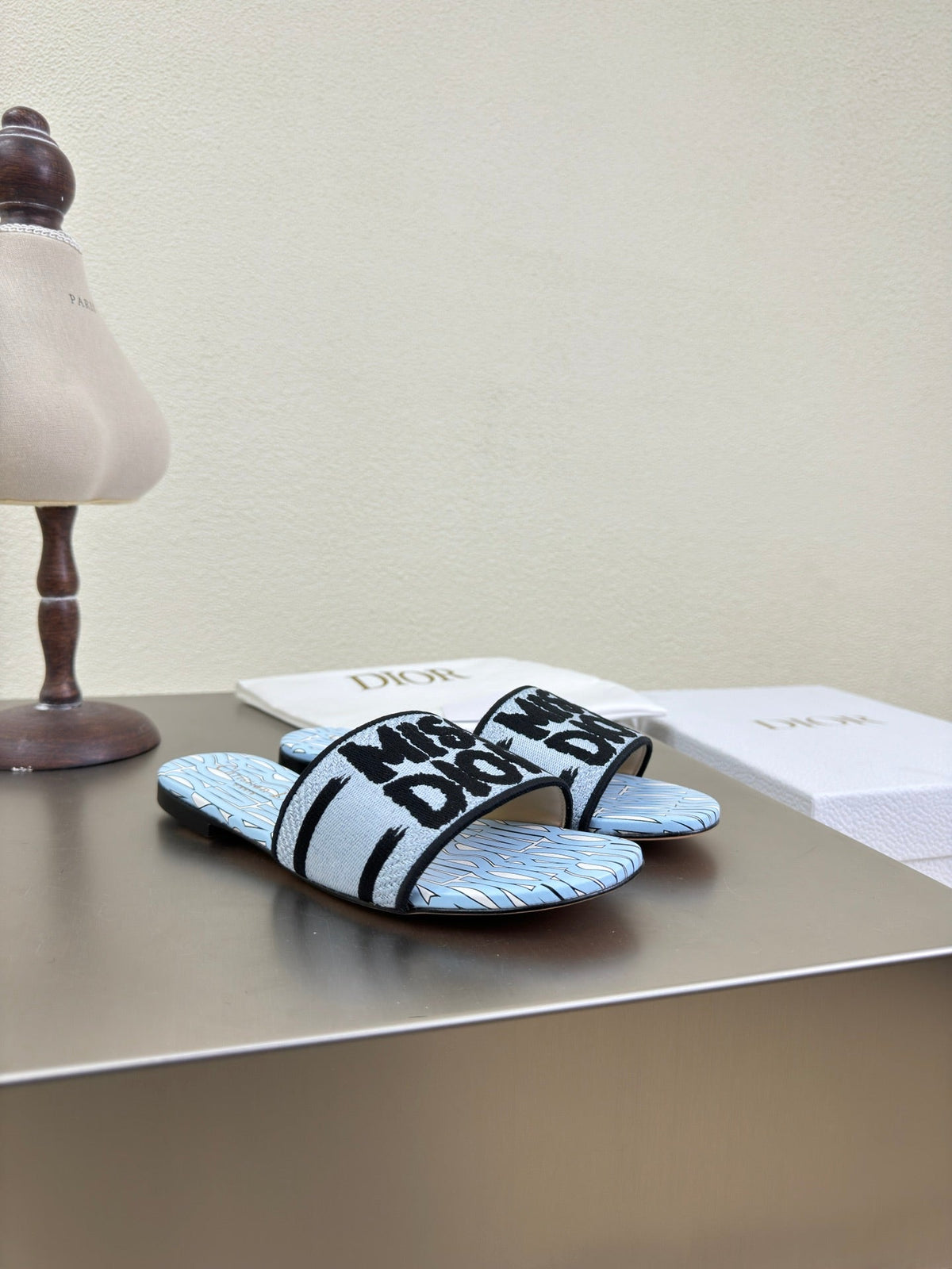Dior Dway Slide Embroidered Cotton and Powder Blue Miss Allover Motif