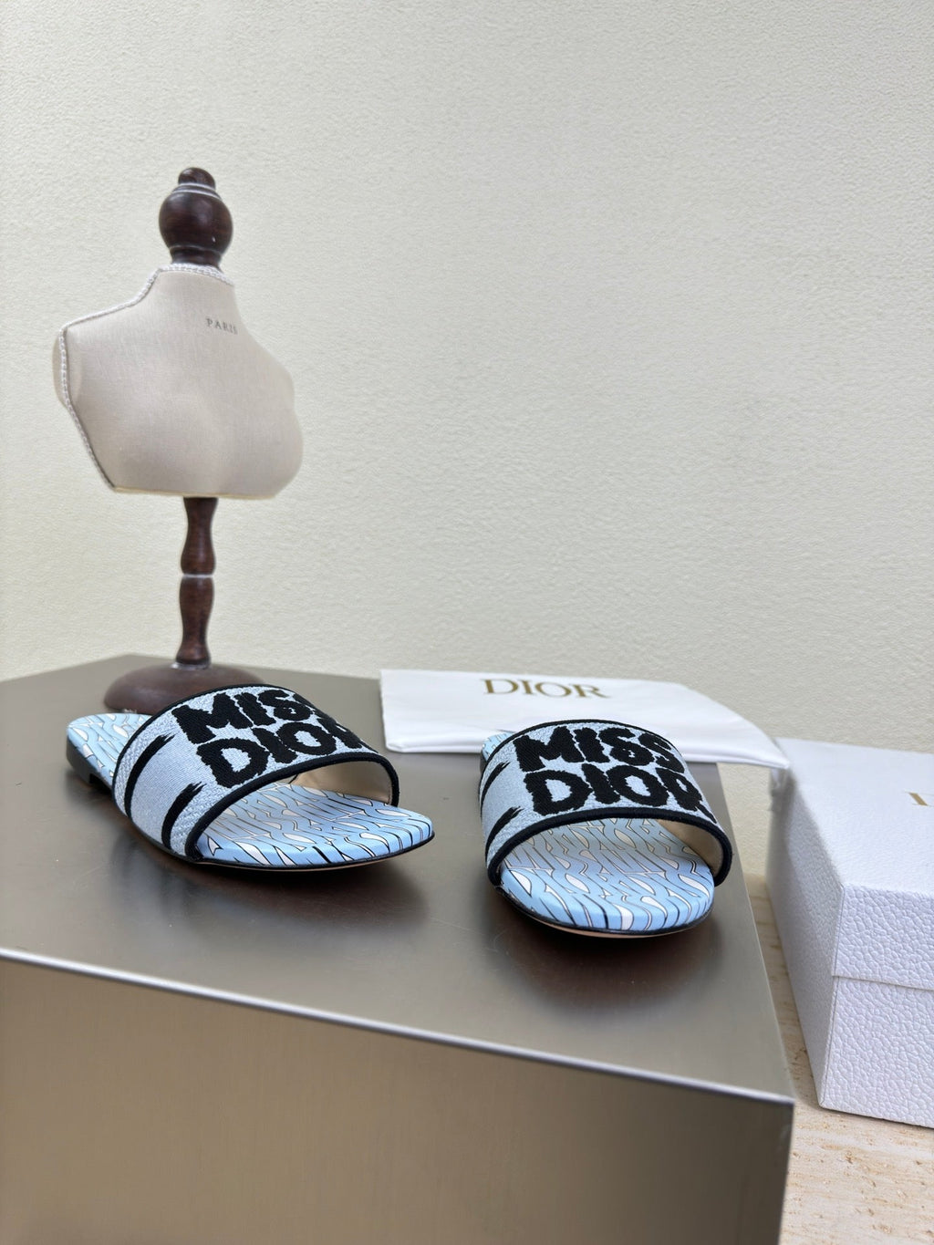 Dior Dway Slide Embroidered Cotton and Powder Blue Miss Allover Motif