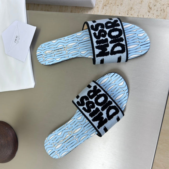 Dior Dway Slide Embroidered Cotton and Powder Blue Miss Allover Motif