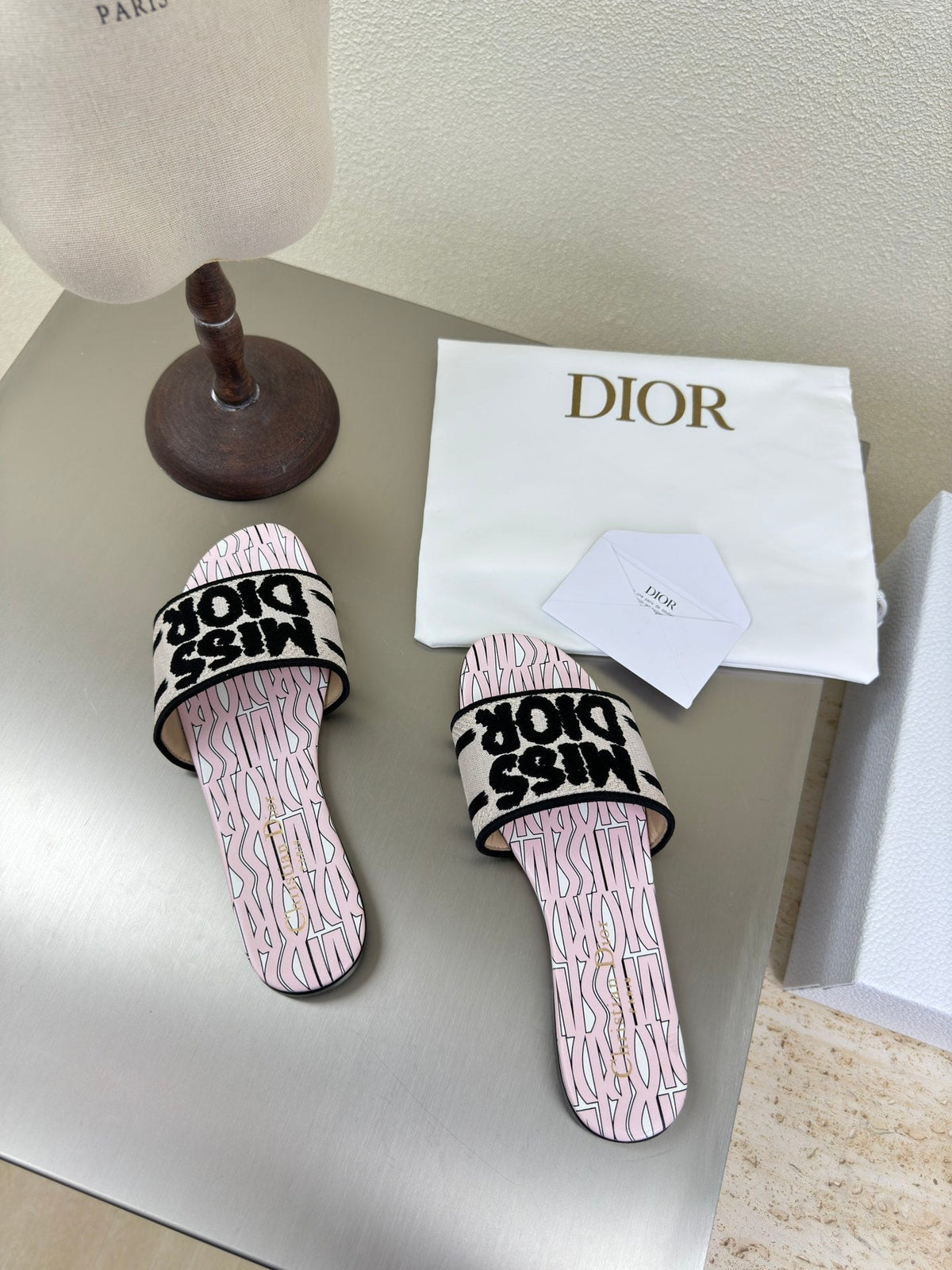 Dior Dway Slide Embroidered Cotton and Light Pink Miss Allover Motif
