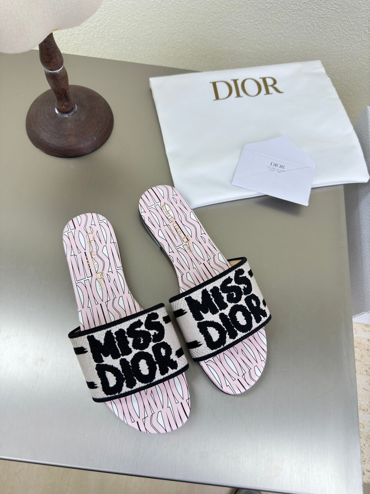 Dior Dway Slide Embroidered Cotton and Light Pink Miss Allover Motif