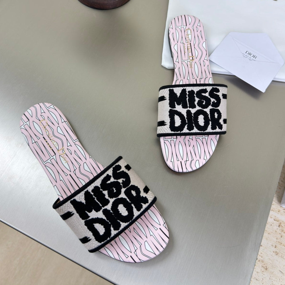 Dior Dway Slide Embroidered Cotton and Light Pink Miss Allover Motif