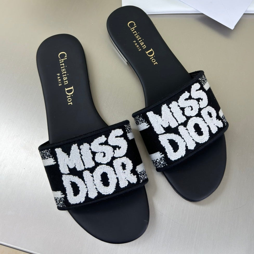 Dior Dway Slide Embroidered Cotton and Black Miss Allover Motif