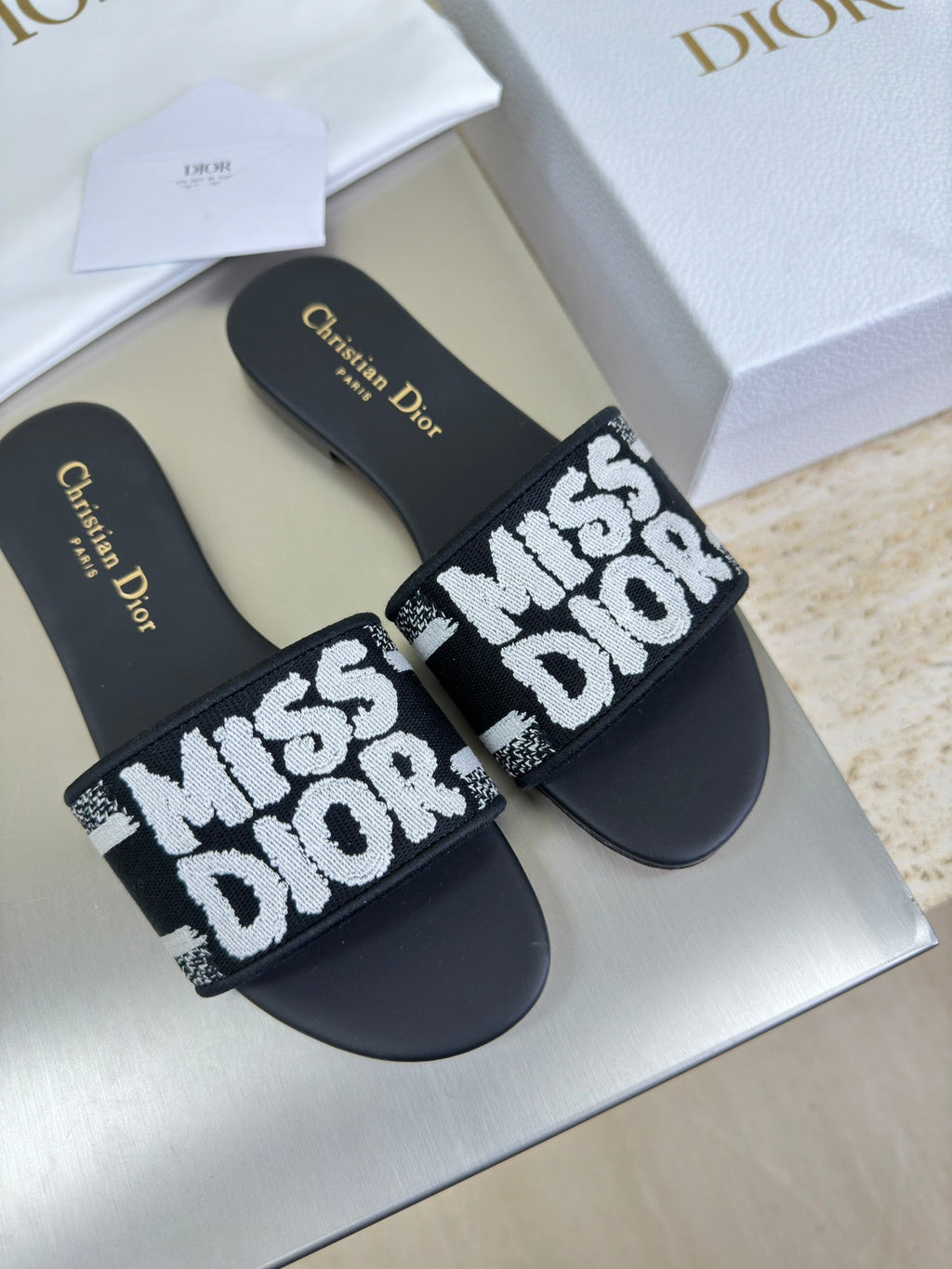 Dior Dway Slide Embroidered Cotton and Black Miss Allover Motif