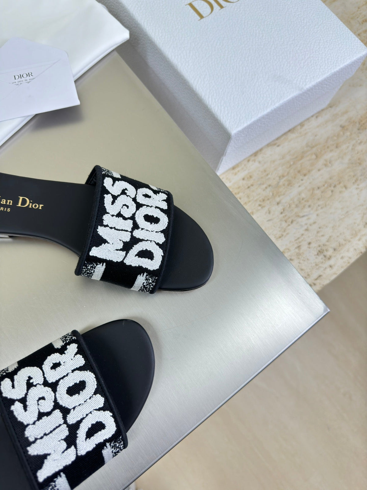 Dior Dway Slide Embroidered Cotton and Black Miss Allover Motif