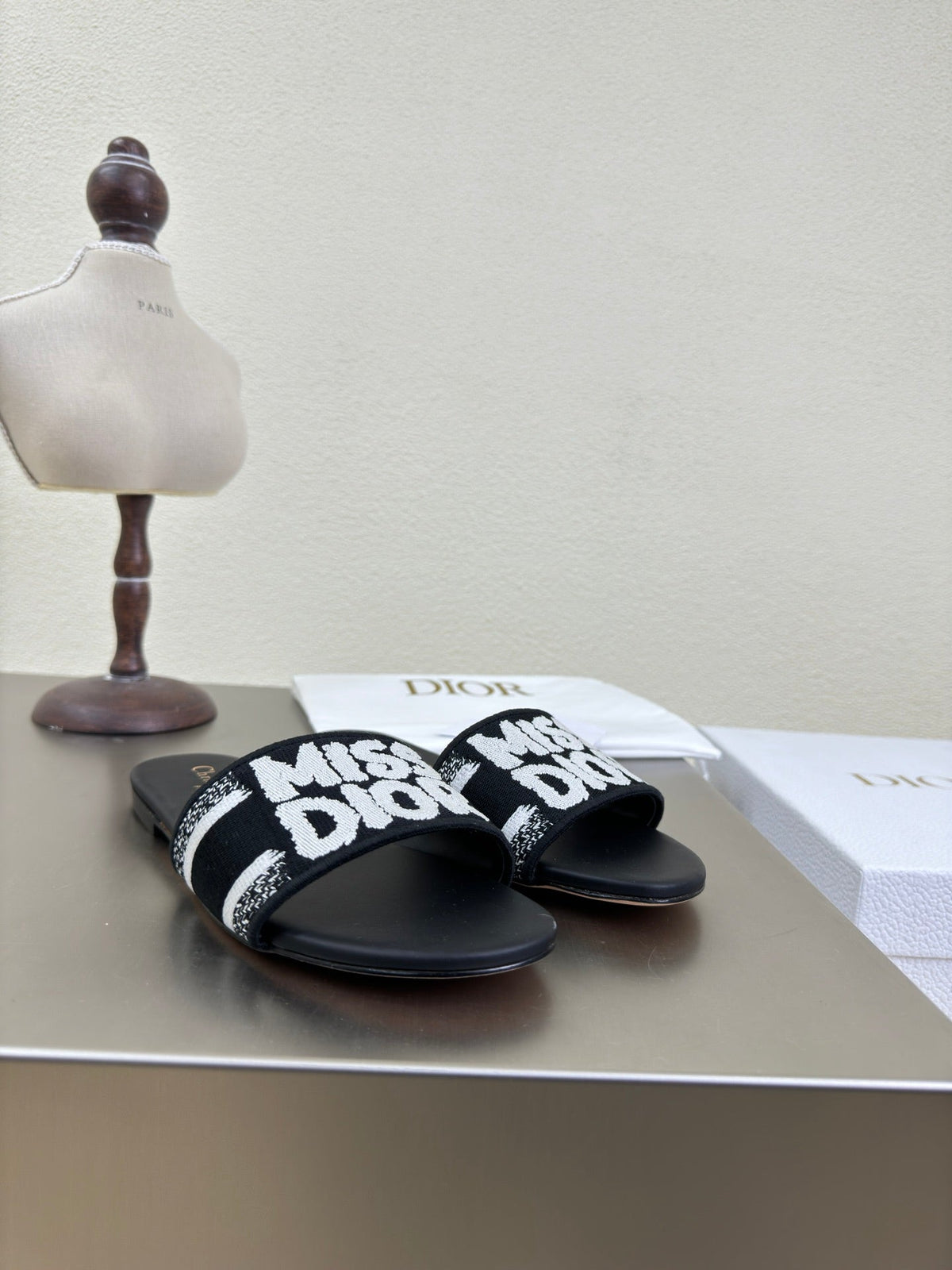 Dior Dway Slide Embroidered Cotton and Black Miss Allover Motif