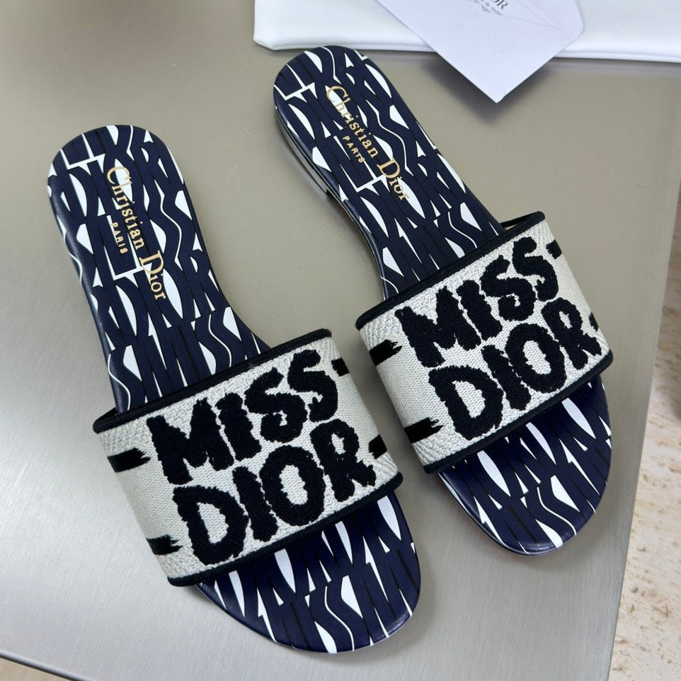 Dior Dway Slide Embroidered Cotton and Navy Blue Miss Allover Motif