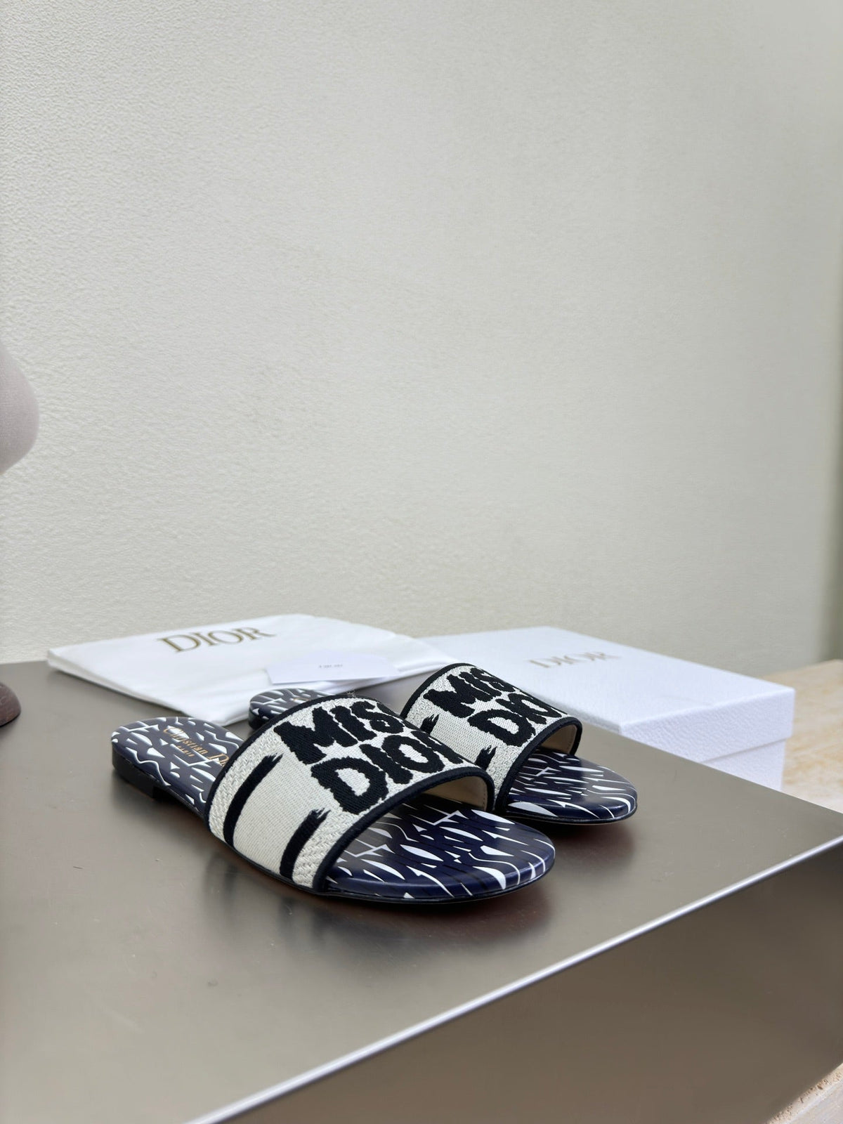 Dior Dway Slide Embroidered Cotton and Navy Blue Miss Allover Motif