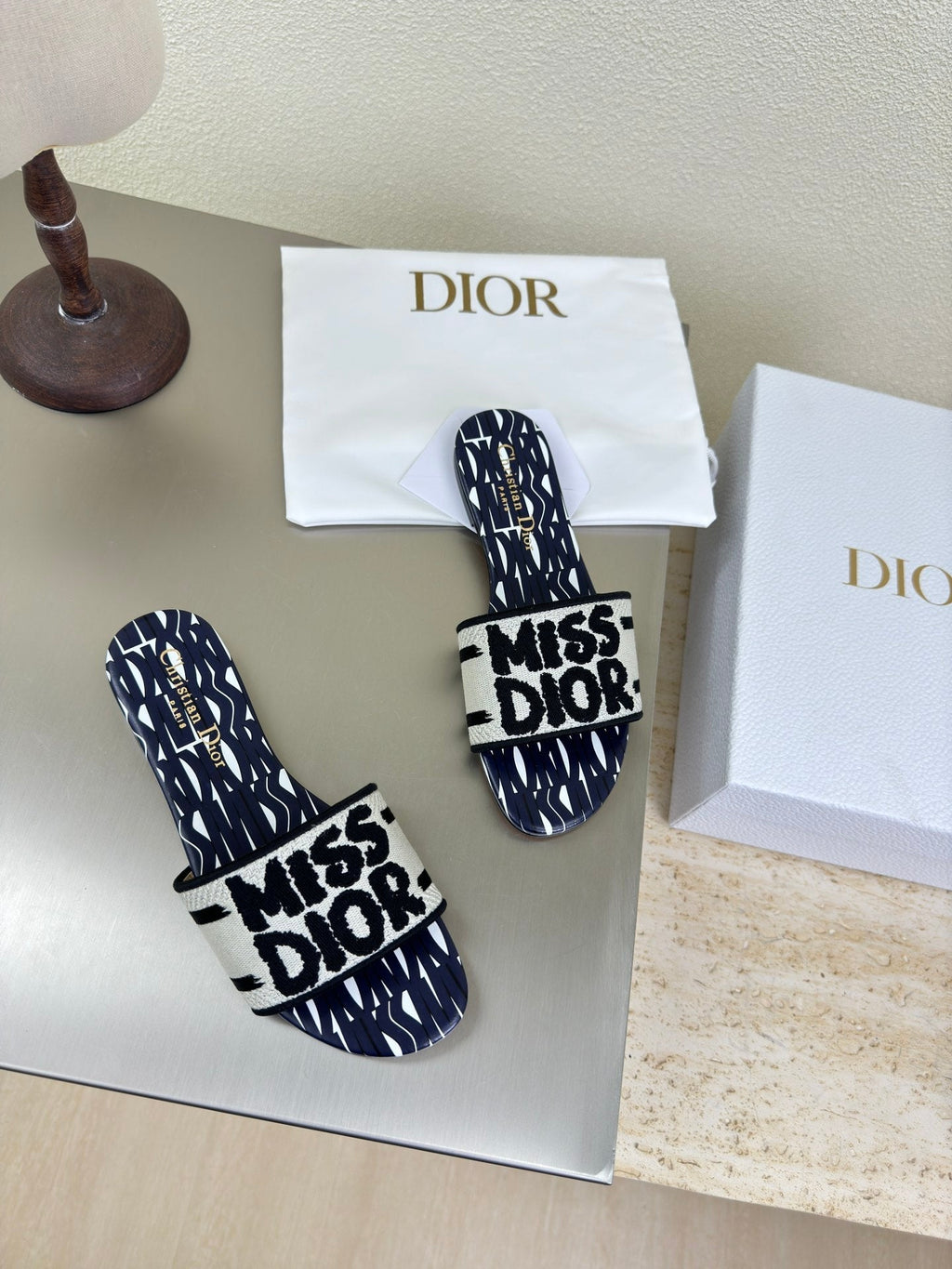 Dior Dway Slide Embroidered Cotton and Navy Blue Miss Allover Motif