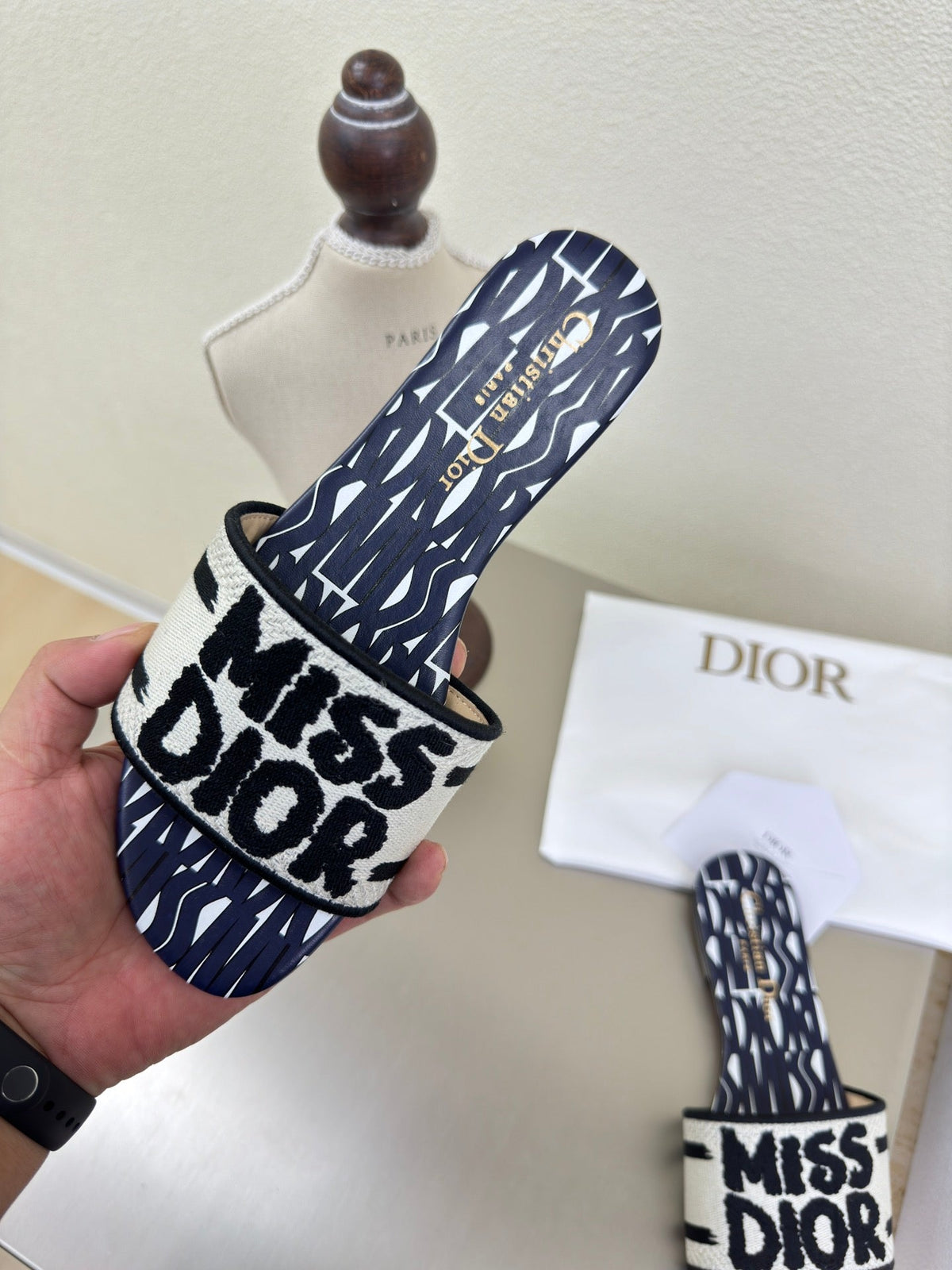 Dior Dway Slide Embroidered Cotton and Navy Blue Miss Allover Motif