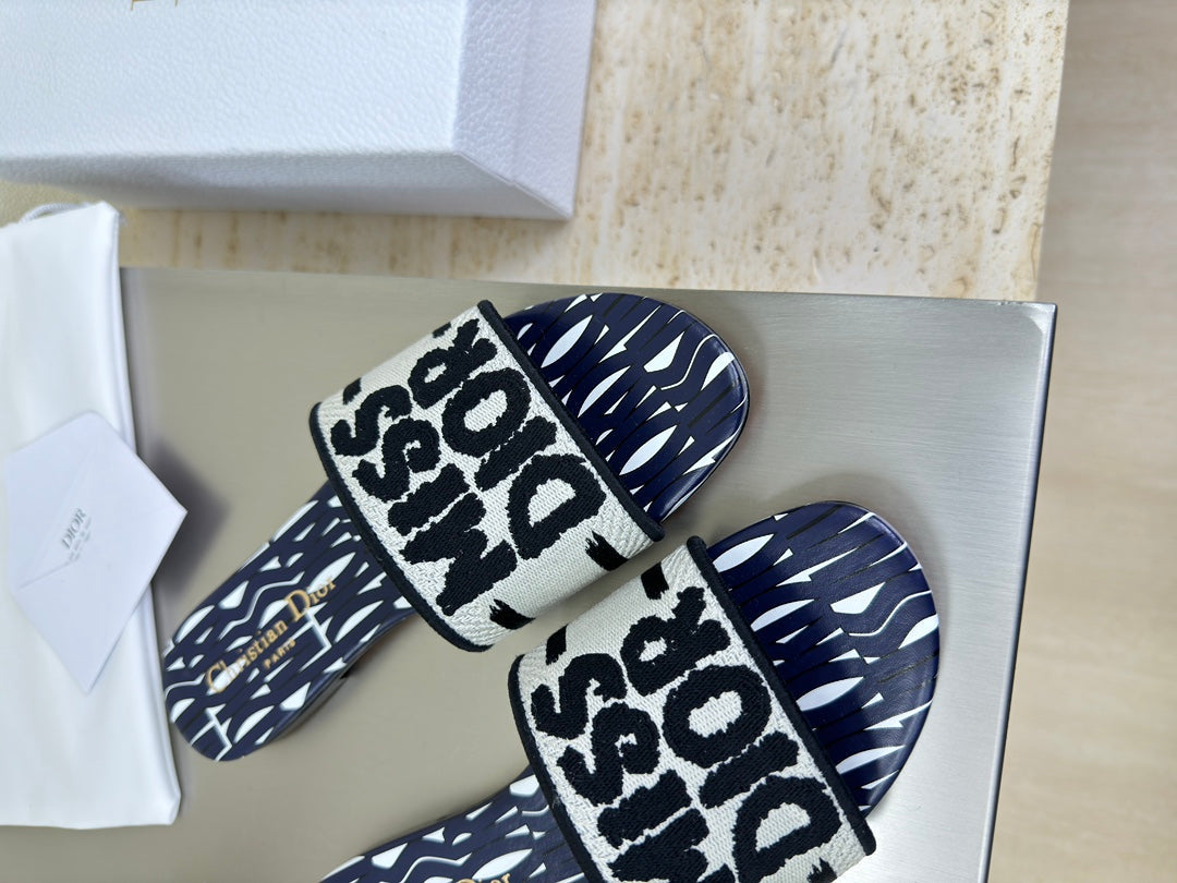 Dior Dway Slide Embroidered Cotton and Navy Blue Miss Allover Motif