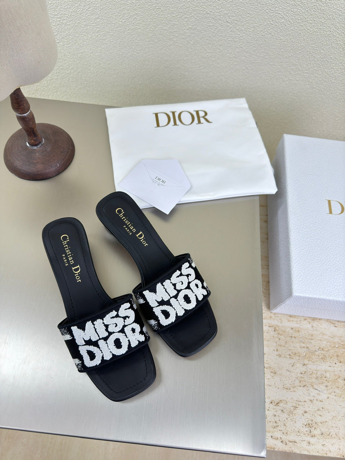 Dior Dway Heeled Slide Embroidered Cotton and Black Miss Allover Motif 35 mm