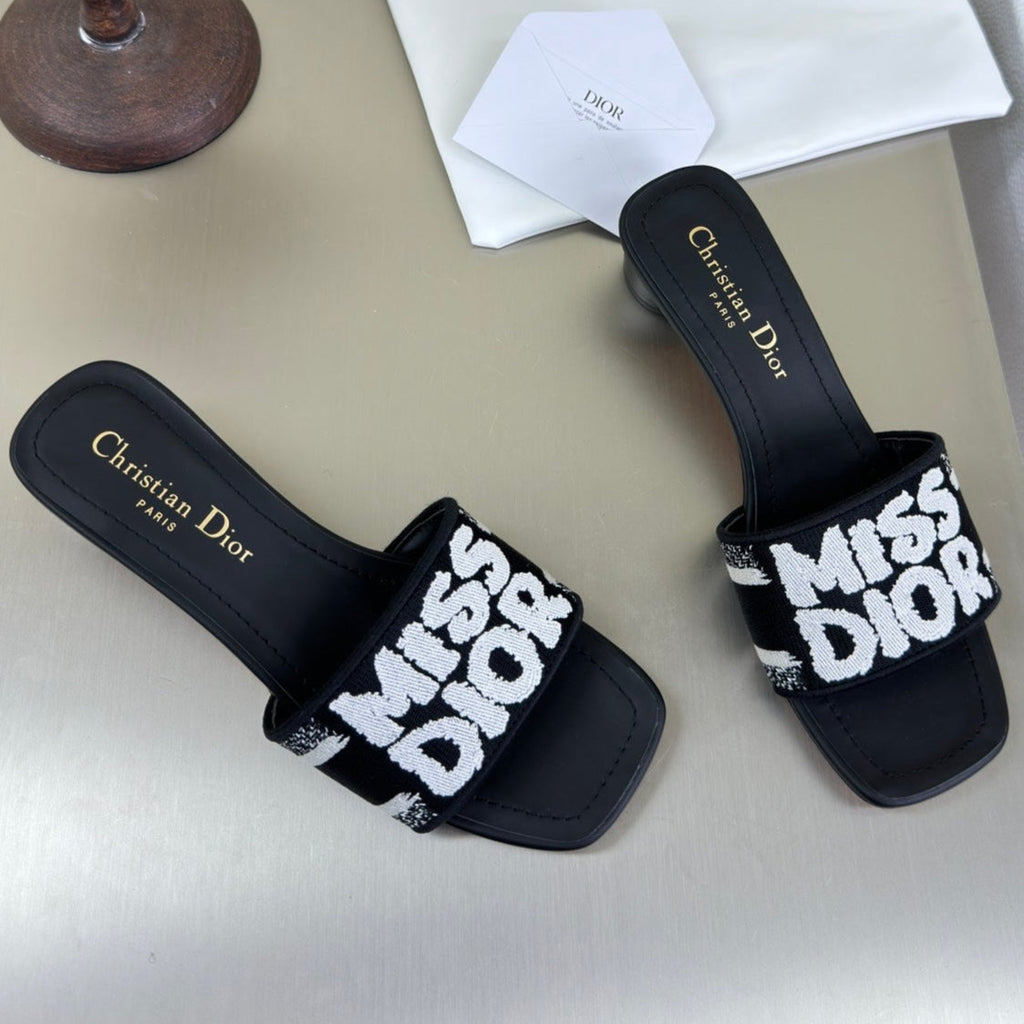 Dior Dway Heeled Slide Embroidered Cotton and Black Miss Allover Motif 35 mm