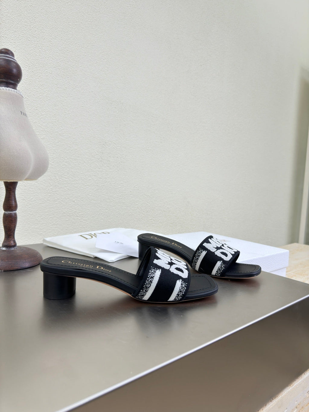 Dior Dway Heeled Slide Embroidered Cotton and Black Miss Allover Motif 35 mm