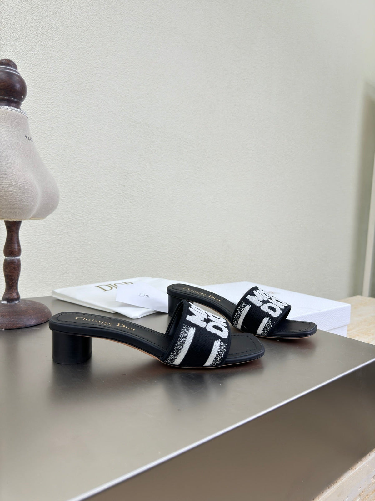 Dior Dway Heeled Slide Embroidered Cotton and Black Miss Allover Motif 35 mm