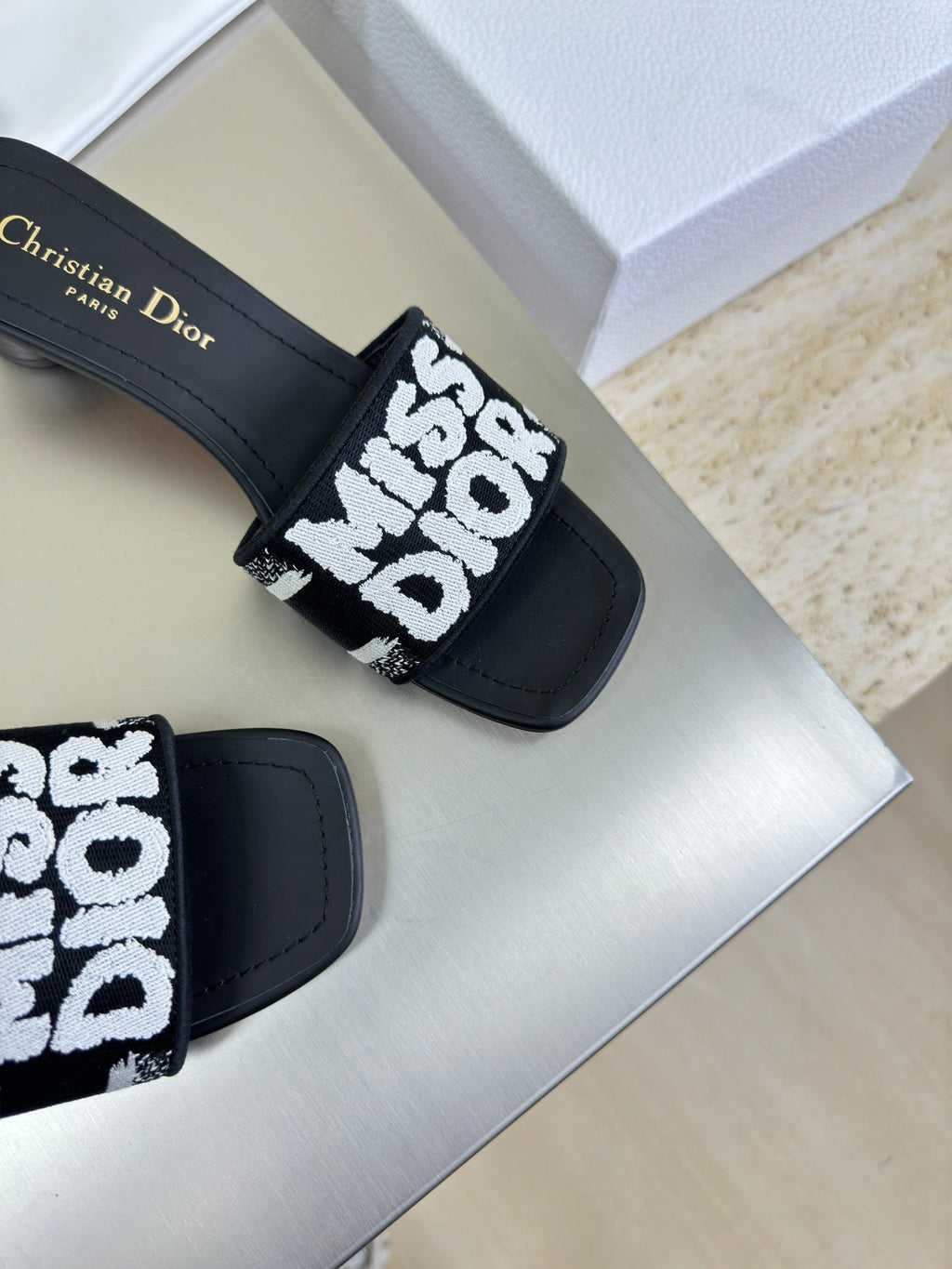 Dior Dway Heeled Slide Embroidered Cotton and Black Miss Allover Motif 35 mm