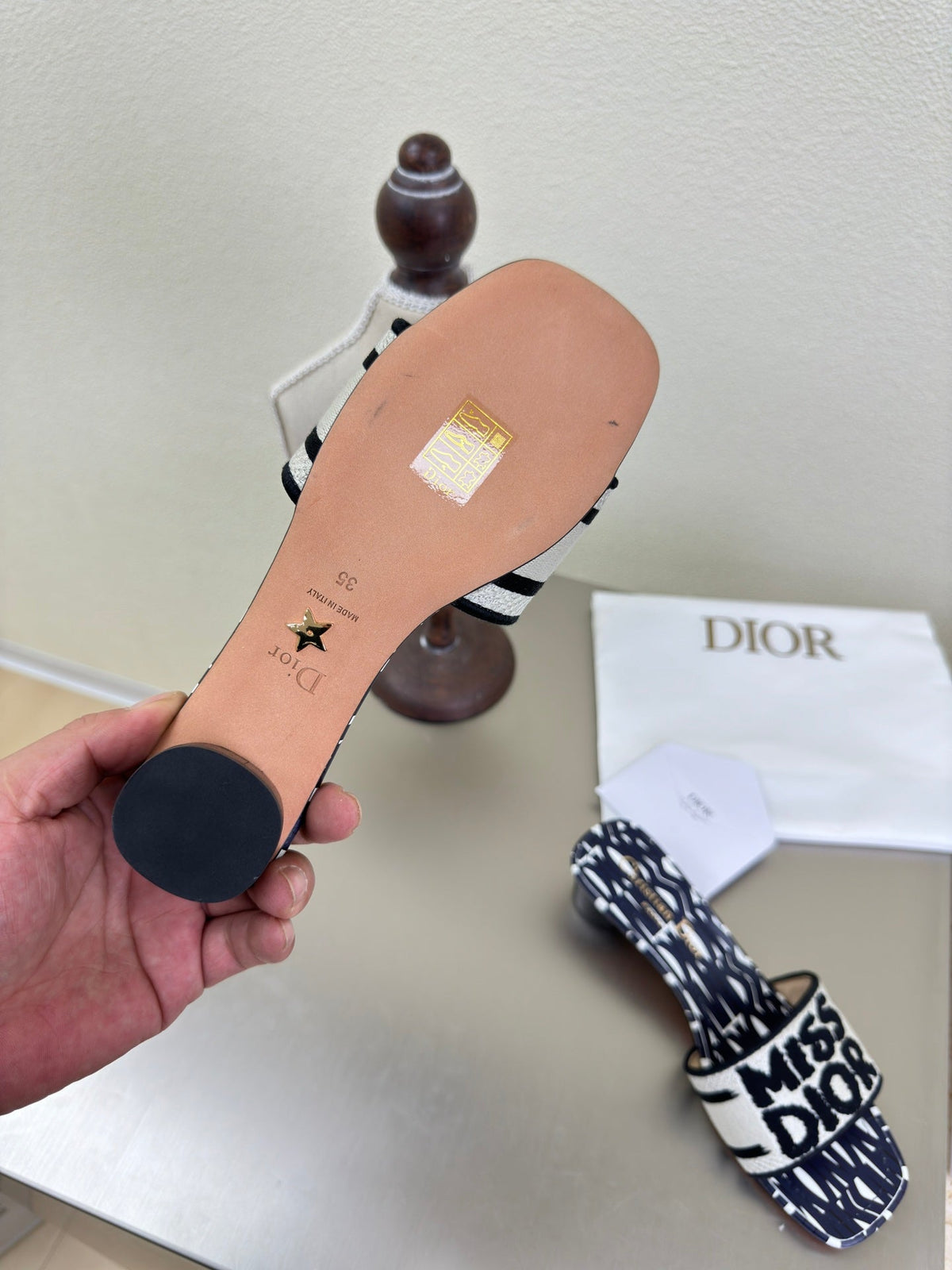 Dior Dway Heeled Slide Embroidered Cotton and Navy Blue Miss Allover Motif 35 mm
