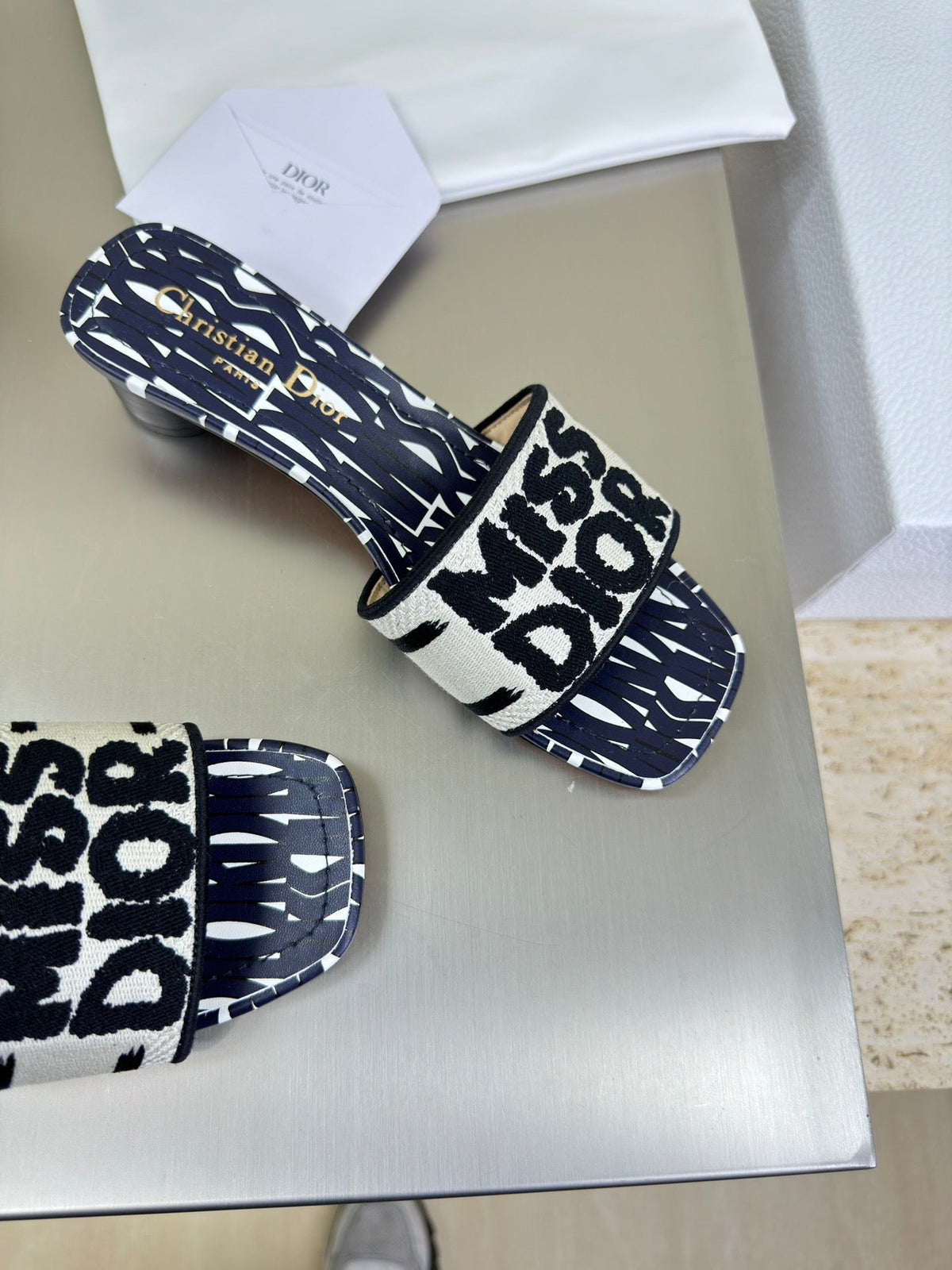 Dior Dway Heeled Slide Embroidered Cotton and Navy Blue Miss Allover Motif 35 mm