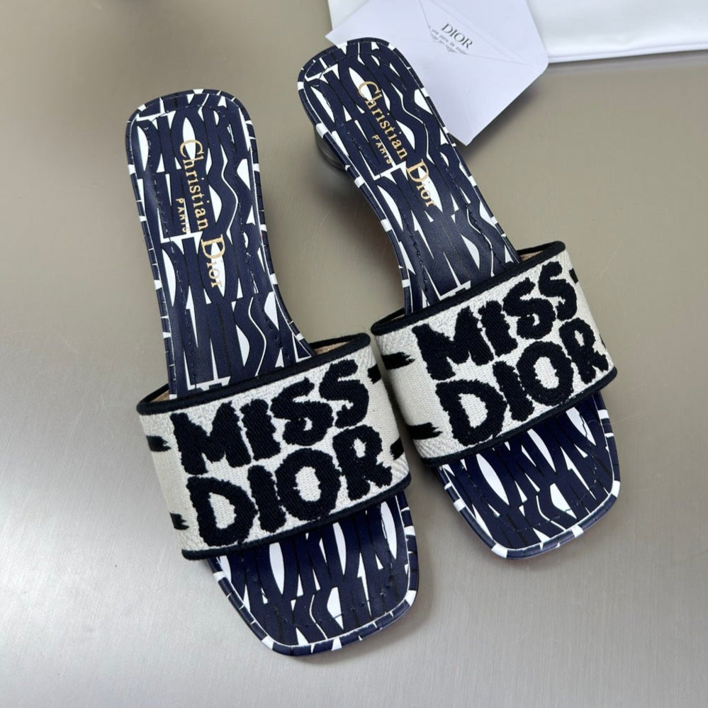 Dior Dway Heeled Slide Embroidered Cotton and Navy Blue Miss Allover Motif 35 mm