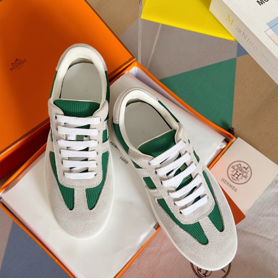Hermes Boomerang Sneakers Light Gray Mix Forest Suede