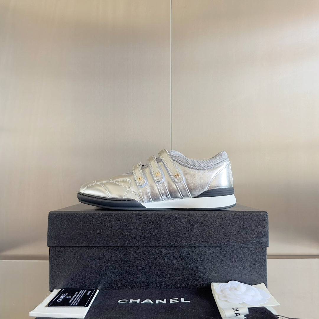 Chanel Mary Jane Sneaker in Silver Lambskin