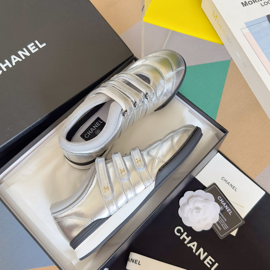 Chanel Mary Jane Sneaker in Silver Lambskin