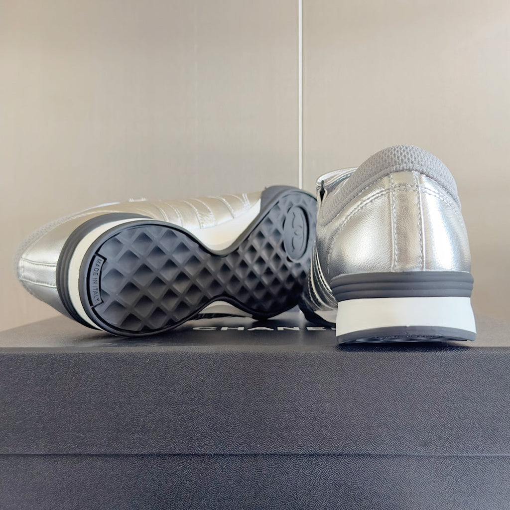 Chanel Mary Jane Sneaker in Silver Lambskin
