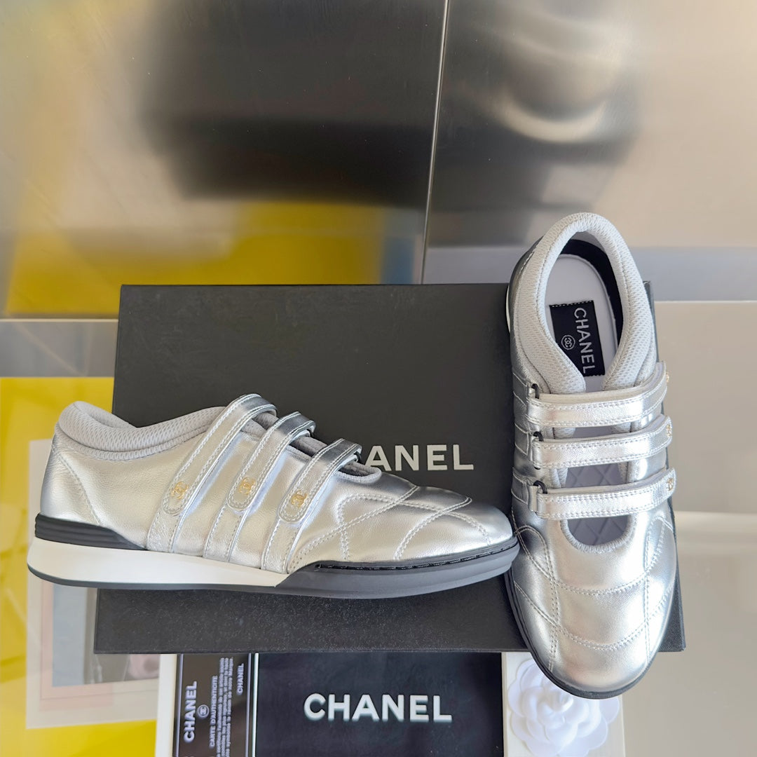 Chanel Mary Jane Sneaker in Silver Lambskin