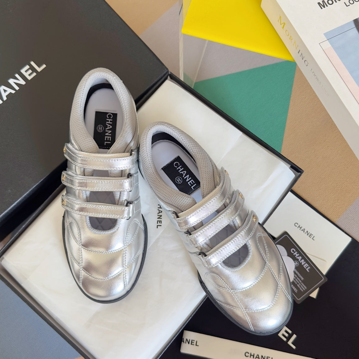 Chanel Mary Jane Sneaker in Silver Lambskin