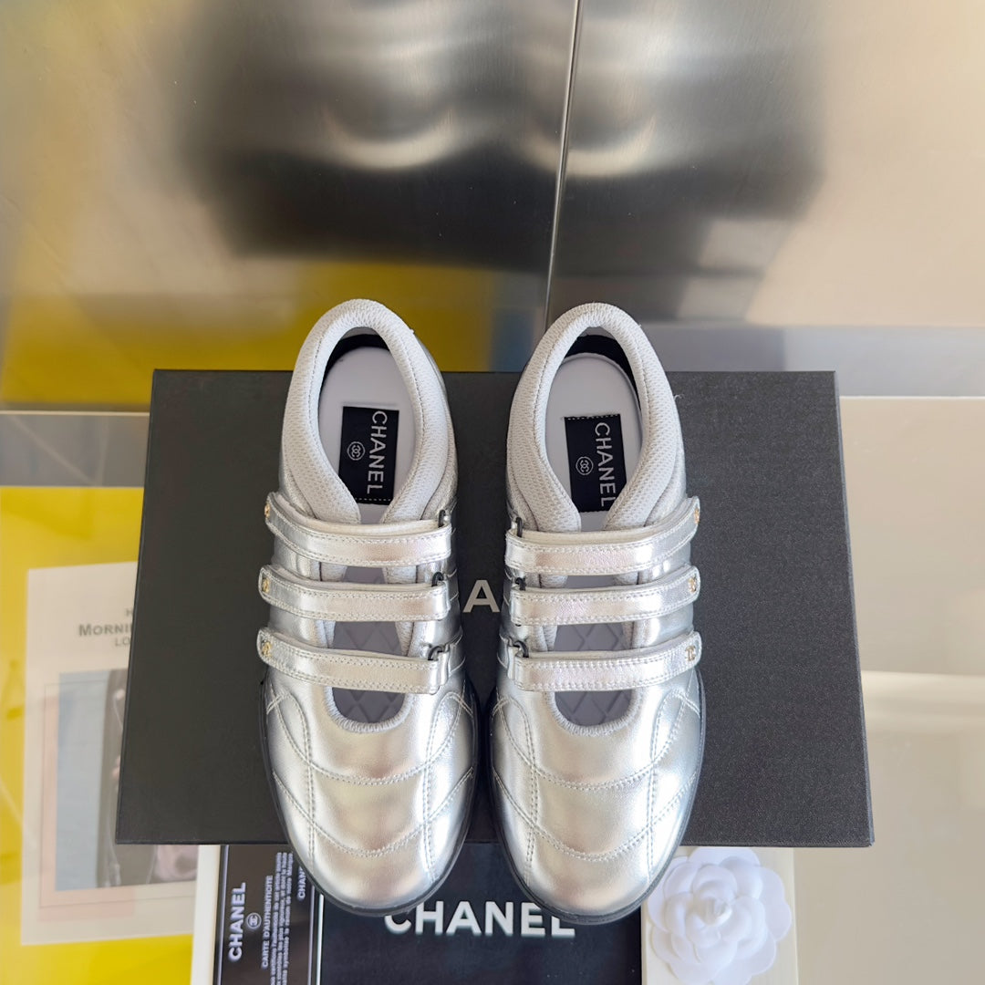 Chanel Mary Jane Sneaker in Silver Lambskin