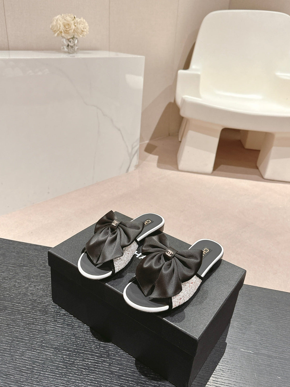 Chanel Bow Lady Slippers Black Lambskin with White Rhinestones