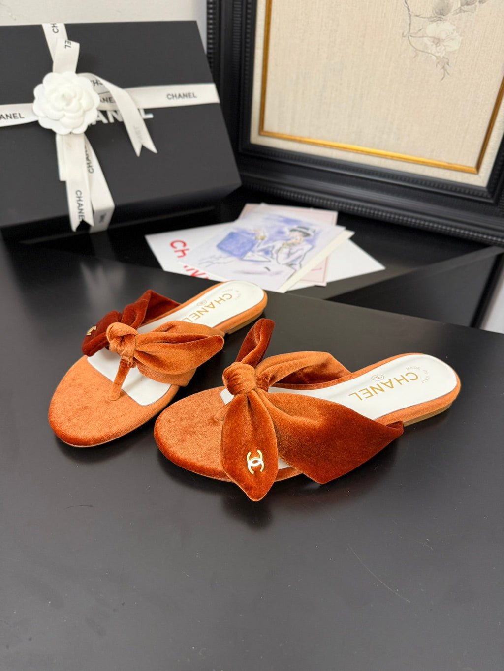 Chanel 25C Thong Sandal Bow Pumpkin Velvet Fabric 233565