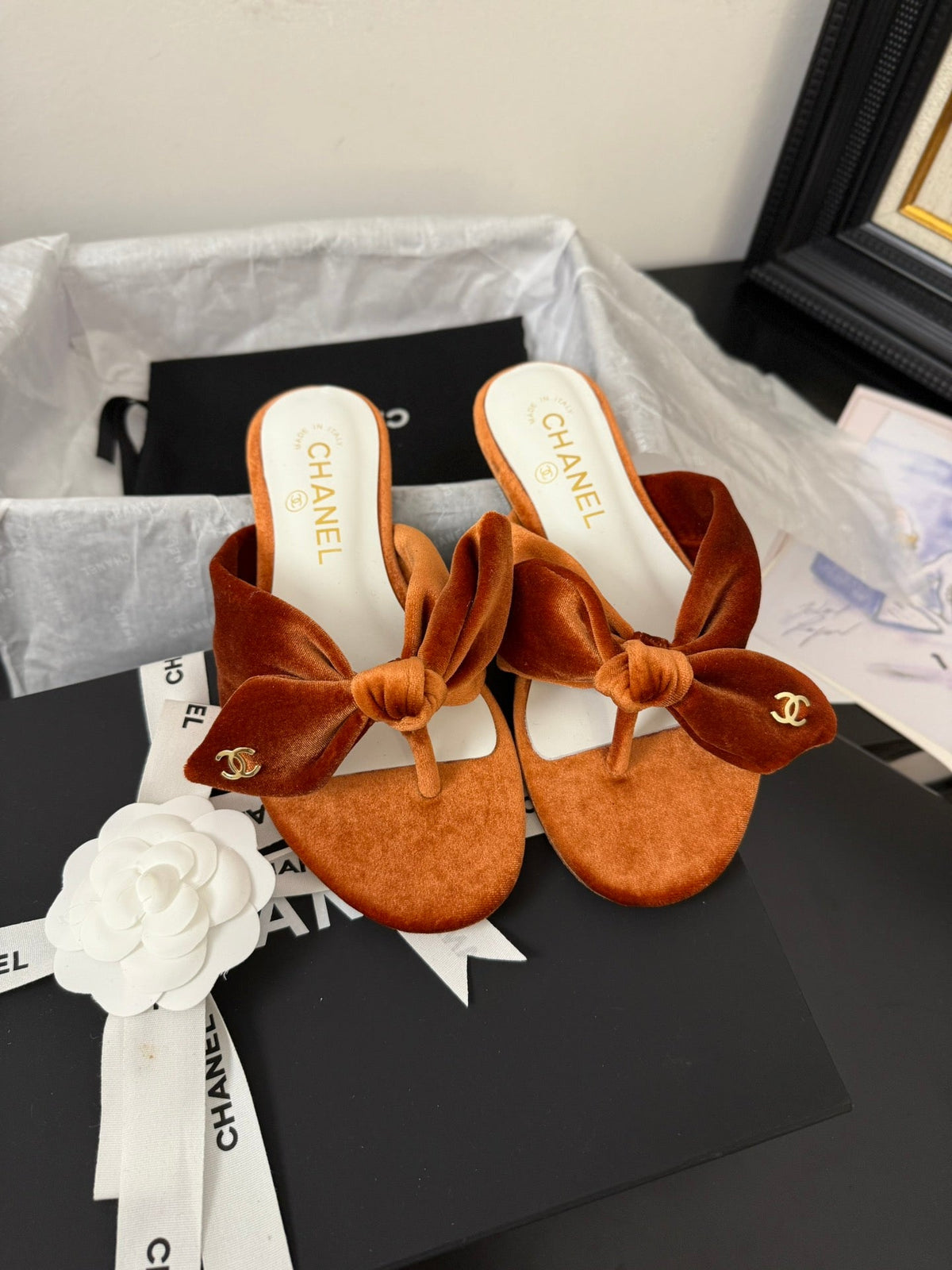Chanel 25C Thong Sandal Bow Pumpkin Velvet Fabric 233565