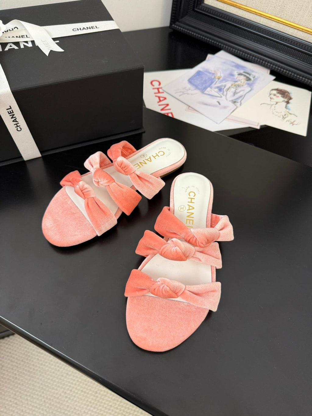 Chanel 25C Three Strap Mule Pink Velvet Fabric 233561