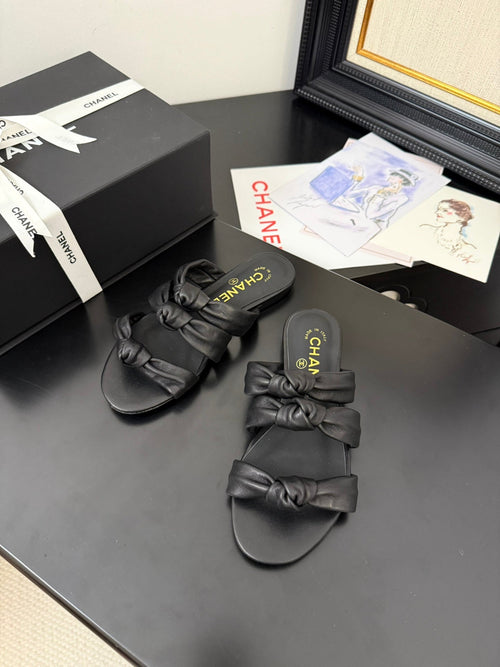 Chanel 25C Three Strap Mule Black Lambskin 233557