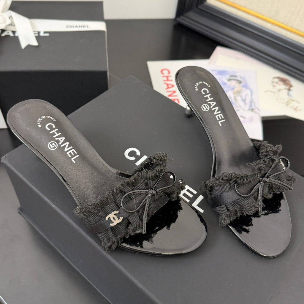 Chanel Black Grosgrain Canvas Bow Mule Sandals 65 mm